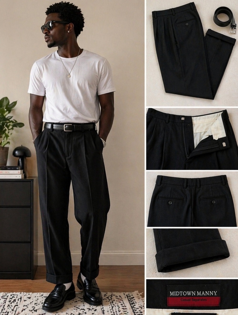 Vintage Midtown Manny Trousers Men's 36S Black Pleated Cuffed Dress Pants Slacks